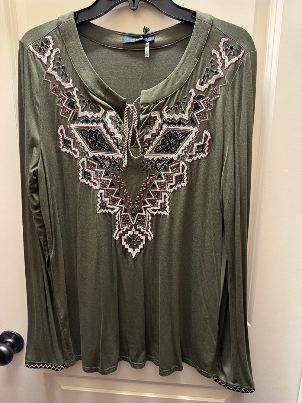 THML Olive Green Embroidered V-Neck Tunic with Tassel Tie